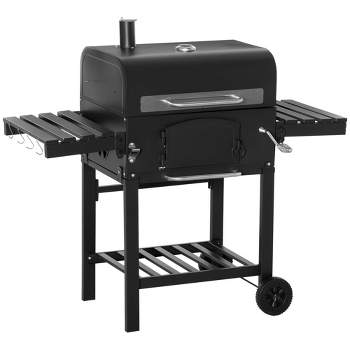 Outsunny Charcoal Grill, BBQ with Adjustable Charcoal Height, Portable Barbecue with Folding Shelves, Thermometer, Bottle Opener, and Wheels, Black