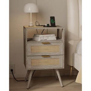 Nightstand with Charging Station,Farmhouse Bedside Table with 2 Storage Drawer and Open Wood Shelf, for Bedroom - 1 of 4