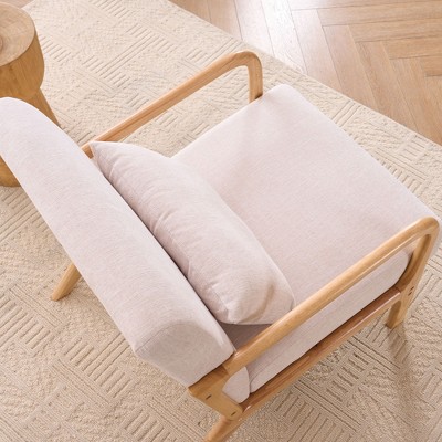 Beige Linen Upholstered Barrel Accent Chair with Solid Wood Frame