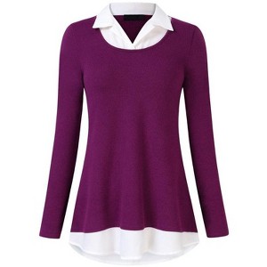 Coolmee Women's Tunics Tops Long Sleeve Contrast Collared Shirts Patchwork Work Blouse Tunics Tops - 1 of 4