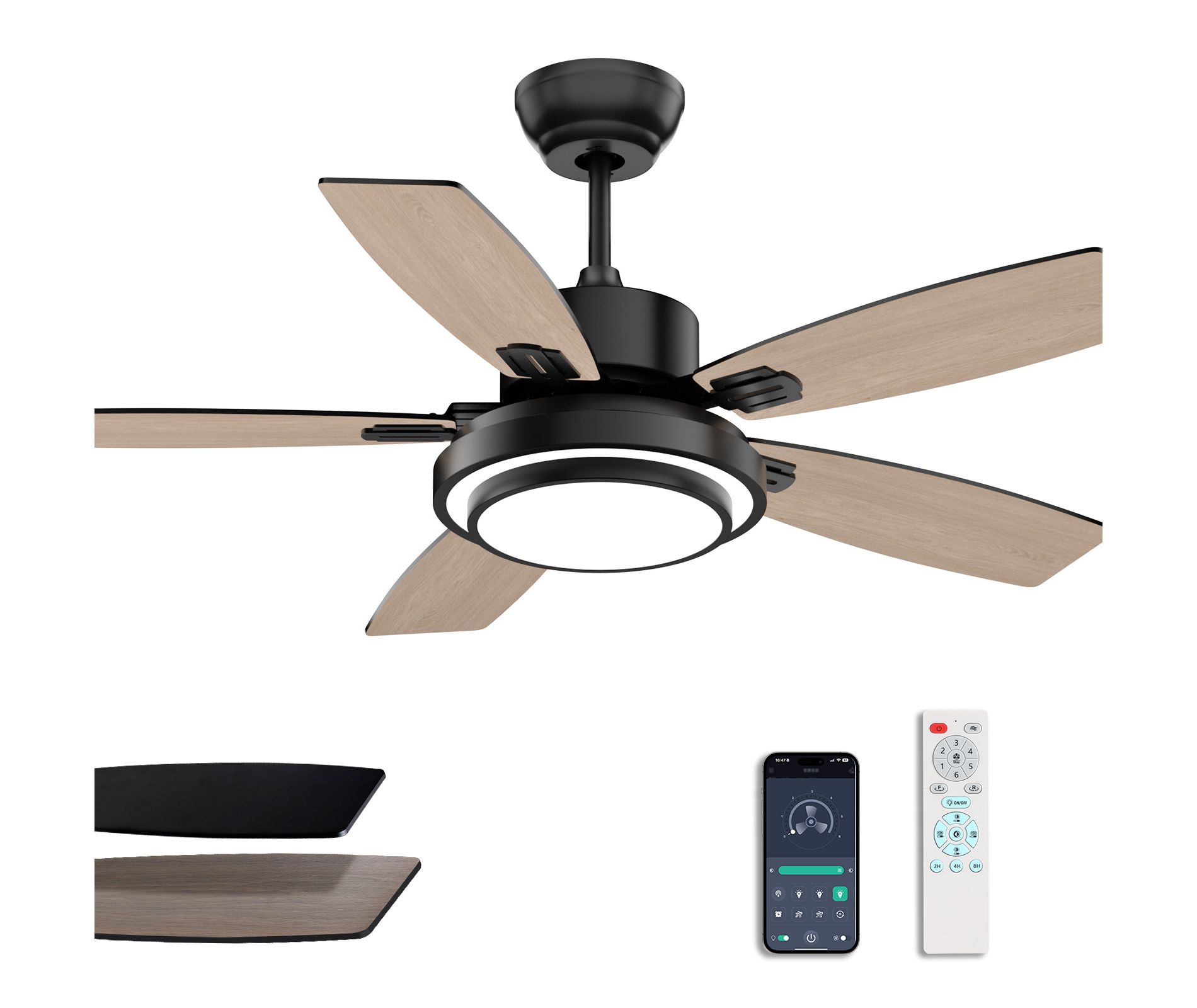 Siljoy Ceiling Fans with Lights, Dual Colors Blades Modern Ceiling Fan, Dimmable LED Lighting, 6-Speeds, Quiet  Reversible DC Motor - Remote Included