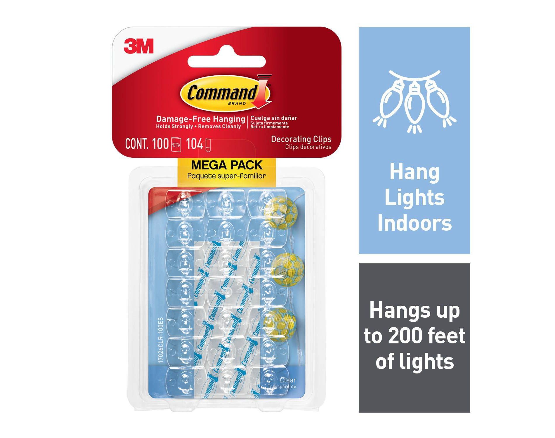 Command Decorating Clips Clear: Plastic Adhesive Hooks, 100 Pack, 0.5" Height, 0.75" Width, Ideal for Light & Cord Bundling