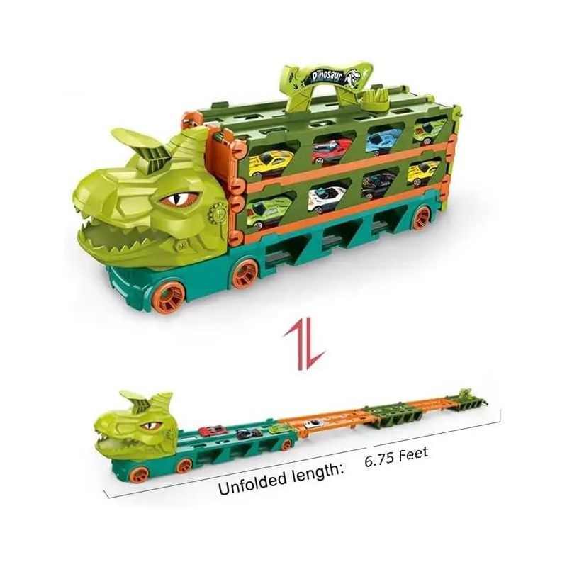 KOVOT Dinosaur Truck Racing Playset - 20" Storage Truck with 6.5-Foot Foldable Racetrack & 8 Alloy Raceing Cars, 4 of 7