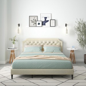Glenwillow Home Curta Upholstered Platform Bed, Clipped Nailhead Trim with Button Tufting, Mattress Foundation, No Box Spring, Beige, California King - 1 of 4