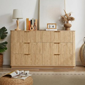 6 Drawer Dresser for Bedroom, 55" Wide Chest of Drawers with Gold Handles,  Fluted Closet Drawer TV Stand Oak : Target