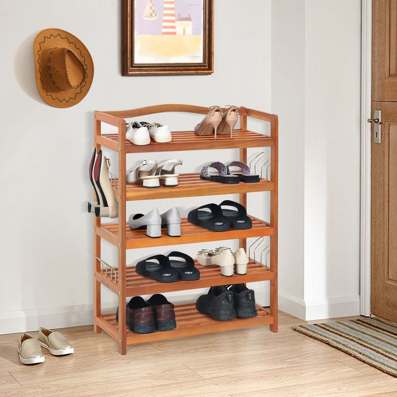 Costway 5-Tier Wood Shoe Rack Solid Acacia Wood Shoe Shelf with Side Metal Hooks, 3 of 11