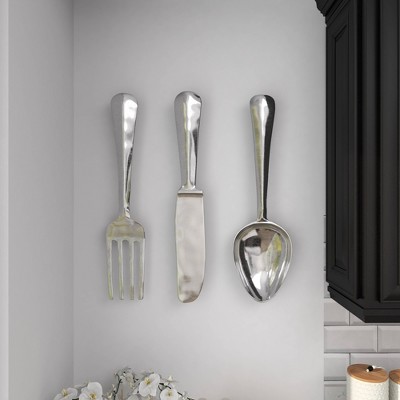 4" x 23" Set of 3 Aluminum Utensils Knife, Spoon and Fork Wall Decors Silver - Olivia & May