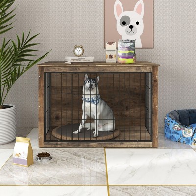 LAOTIES Wooden Dog Crate Furniture With Double Doors,Indoor Dog Kennel End Table For Small And Medium Dogs