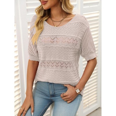 Womens Summer Tops Round Neck Lace Short Sleeve Casual Knit Top Blouse