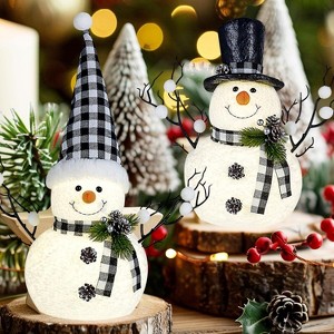 2 Pack 14" Lighted Snowman Tree Buffalo Check Plaid Farmhouse Decorations - 1 of 4