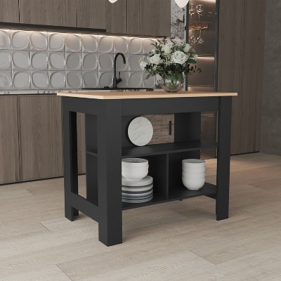 Brooklyn Black and Light Oak Kitchen Island with Shelves