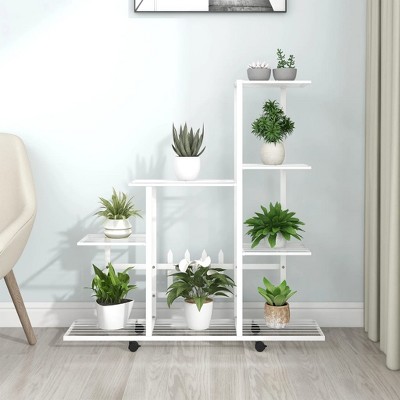 vidaXL White Metal Flower Stand with Wheel - Durable Plant Rack for Indoor & Outdoor Decor Display - Easy-to-Move Garden Accessory