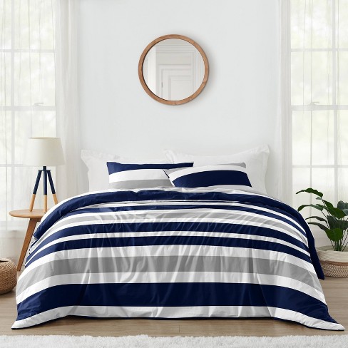 3pc Striped Full queen Kids Comforter Bedding Set Navy And Gray