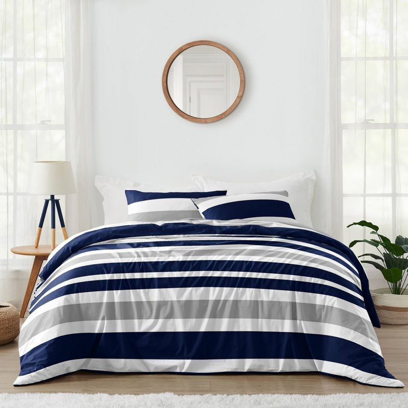 3pc Striped Full/Queen Kids&#39; Comforter Bedding Set Navy and Gray - Sweet Jojo Designs, 1 of 8