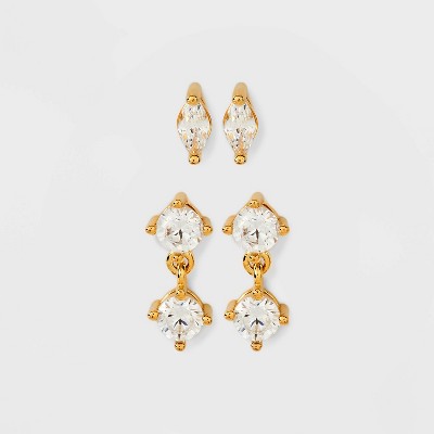 14k Gold Plated Cubic Zirconia Marquise And Dangle Duo Stud Earring Set ...