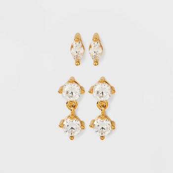 14K Gold Plated Cubic Zirconia Marquise and Dangle Duo Stud Earring Set 2pc - A New Day™ Gold