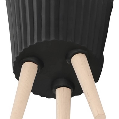 12" Black Ridged Cement Planter with Natural Wood Legs - Set of 2