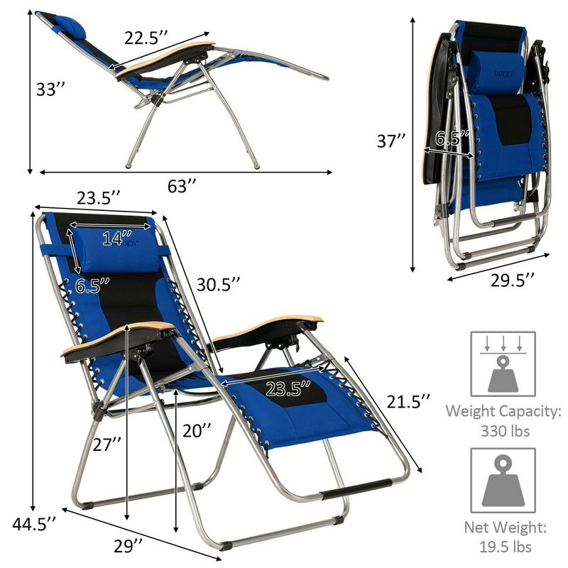 Costway 2PCS Folding Zero Gravity Chair Padded Lounge Chair w/ Beech Armrests Turquoise/Blue/Grey, 3 of 11