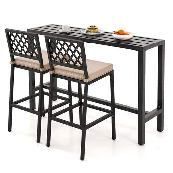 Tangkula 3PCS Outdoor Metal Bar Table & Chairs Set Patio Dining Table Set w/ Cushion