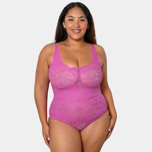 Curvy Couture Women's Plus Size No Show Lace Bodysuit - 1 of 4