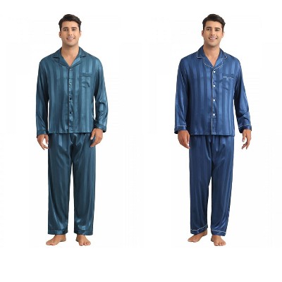 INSPIRE CHIC Men's 2 Pack Satin Pajamas Set Casual Long Sleeve Striped Button Sleepwear