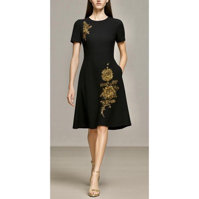 RENE RUIZ SHORT SLV A-LINE CREPE COCKTAIL W/ SIDE POCKETS & FLORAL EMB/BEAD APPLIQUES