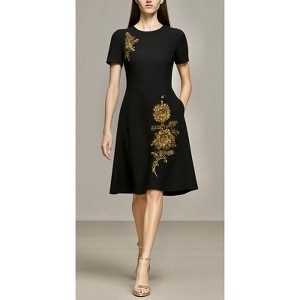 RENE RUIZ SHORT SLV A-LINE CREPE COCKTAIL W/ SIDE POCKETS & FLORAL EMB/BEAD APPLIQUES - 1 of 1