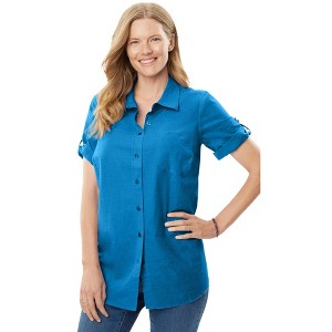 Woman Within Women's Plus Size Petite Short-Sleeve Button Down Seersucker Shirt - 1 of 4