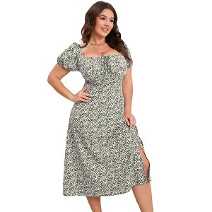 Womens Plus Size Square Neck Wrap Maxi Dress High Waist Ruffle Summer Casual Dress - 1 of 4