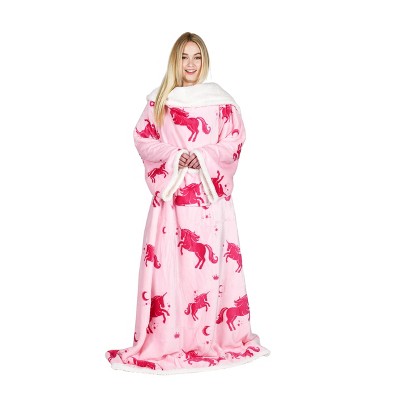 Pink Unicorn Fleece Sherpa Hooded Wearable Blanket