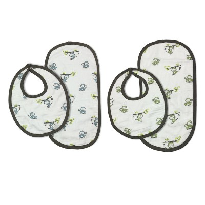 Bacati - Happy Monkeys Blue/Green Muslin 4 pc set of Bibs & Burp Cloths Set