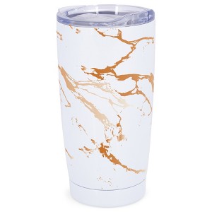 Elanze Designs 20 oz Stainless Steel On the Go Insulated Travel Tumbler With Push Top Lid, Tangerine Orange Marble Print White - 1 of 4