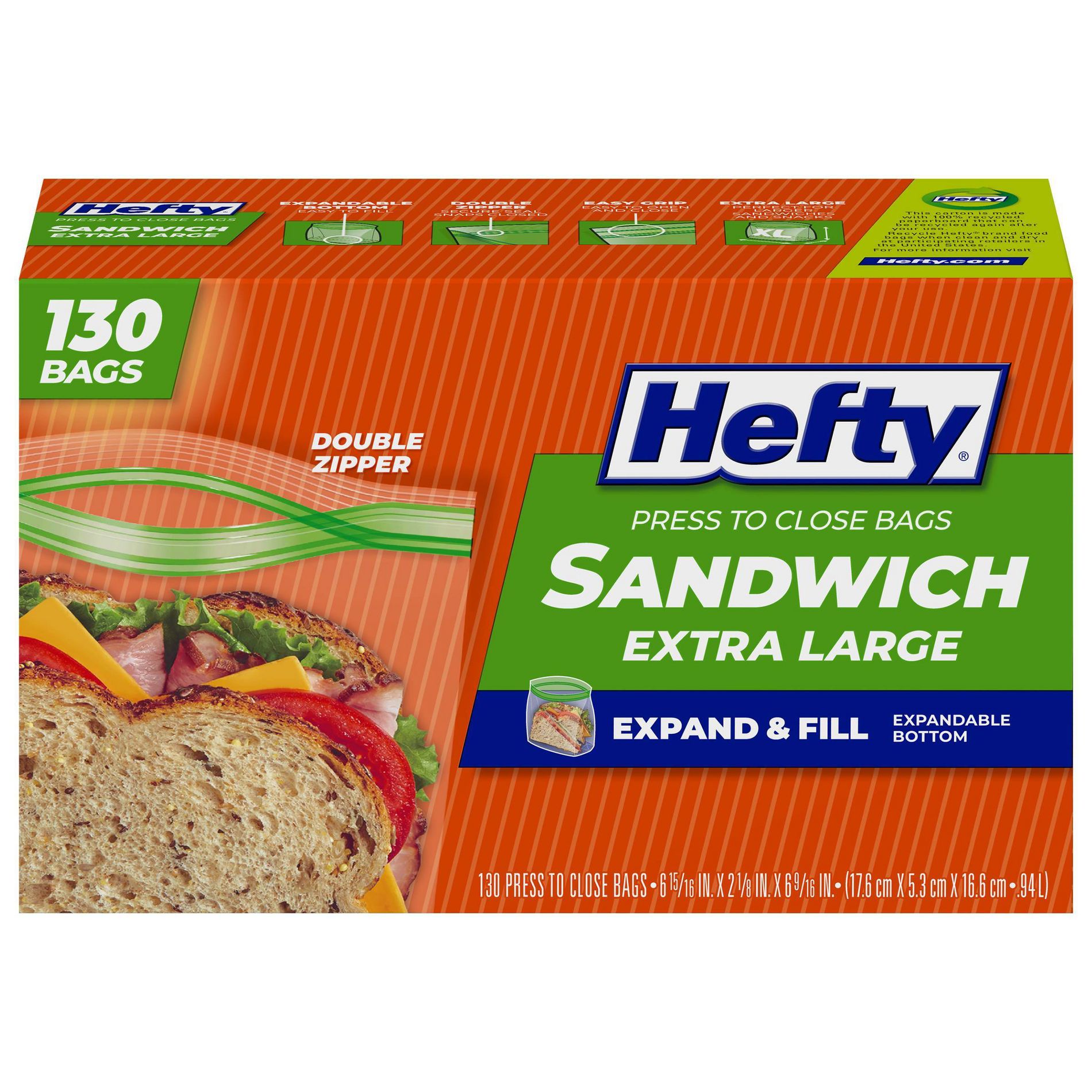 Hefty XL Sandwich Expand and Fill Food Storage Bags - 130ct: Double Seal Lock, LDPE Material