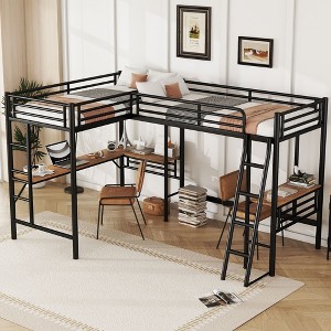 PAGED Twin Size Loft Bed with 2 Desks Modern L-Shaped Metal Bed Frame with Inclined Ladder and Guardrail for Bedroom - 1 of 4