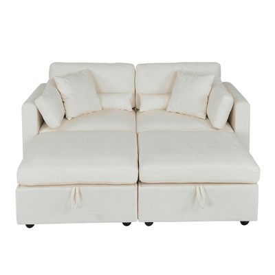 Chenille Upholstered Sectional Sofa, Modern 2-Seat Couch with Right Armrest, 2 Ottomans, Solid Wood & Hardware Feet, Easy Assembly