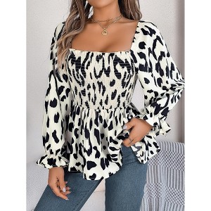 Women's Square Neck Ruffled Smocked Blouse - Floral Print Puff Sleeve Top for Vintage & Romantic Style - 1 of 4