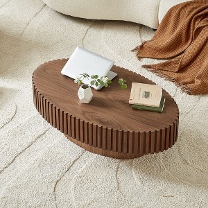 43.7" Modern Handcraft Oval Coffee Table, Natural Ash MDF, Sturdy Pedestal, Small Living Room & Bedroom Table - 1 of 4