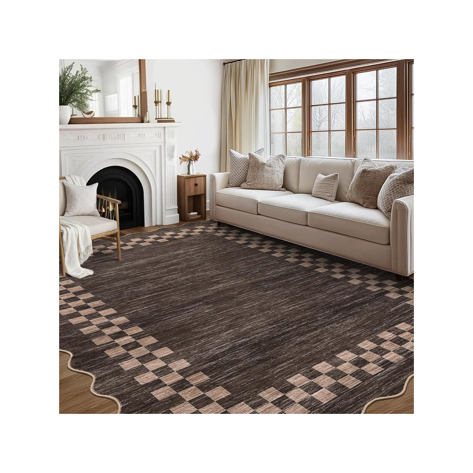Acekool Brown 8x10 Washable Scalloped Area Rug Non Slip Low Pile Modern Border Carpet for Living Room Bedroom Dining Room Nursery Home Office
