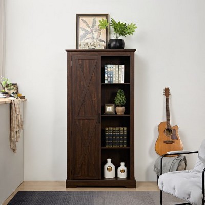 Buffet Cabinet, Wine Bar Cabinet With Open And Hidden Shelves, Barn Doors, Quality Hardware Free Standing Storage Cabinet For Dining Room, Entryway