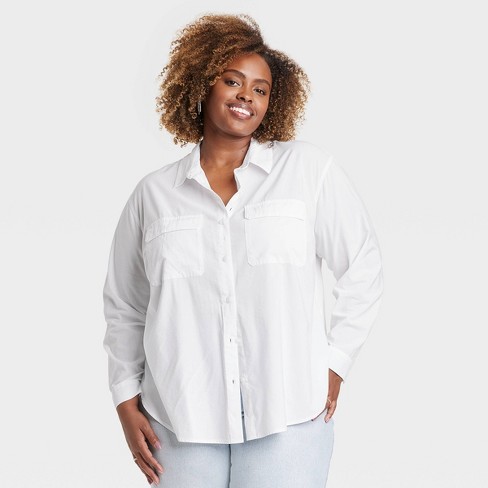 Women's Long Sleeve Utility Button-down Shirt - Ava & Viv™ White 4x : Target