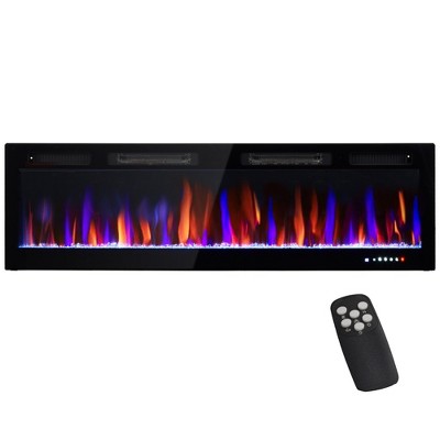 HOMCOM 60" Ultra-thin Recessed and Wall Mounted Electric Fireplace, Fireplace Heater with Adjustable Flame Effect, Crystal, Black