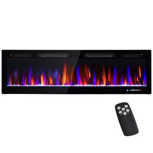 HOMCOM 60" Ultra-thin Recessed and Wall Mounted Electric Fireplace, Fireplace Heater with Adjustable Flame Effect, Crystal, Black - 1 of 4