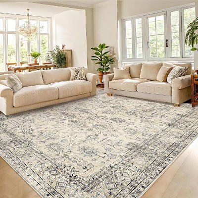 Washable Area Rug - Low Pile, Non-Slip, Floral Boho Design, Soft Faux Wool, Durable & Easy Care,9*12ft, Green