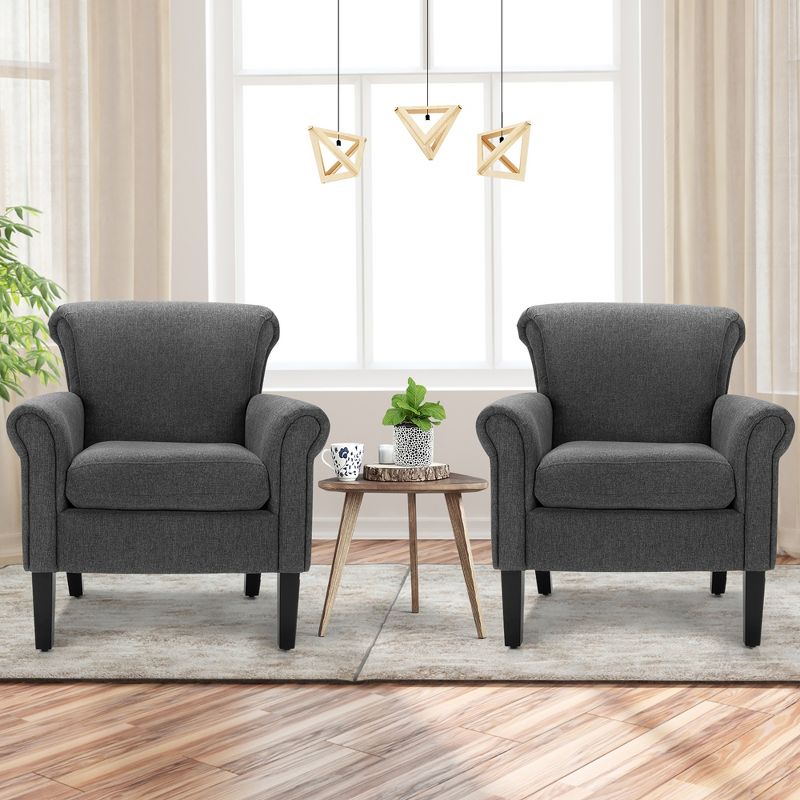 Costway Set of 2 Upholstered Fabric Accent Chairs w/ Rubber Wood Legs Dark Gray\Light Gray, 2 of 9