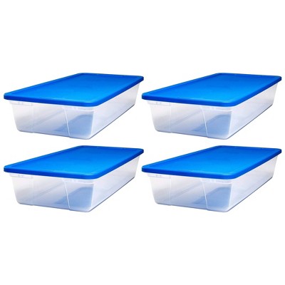 Clear Plastic Stackable Storage Bins with Blue Lids, 41-Quart, 4 Pack