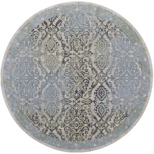 8' Blue Green and Gray Floral Power Loom Worn Faded Round Rug - 1 of 4