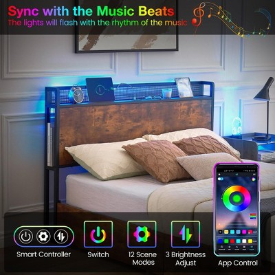 Full Vintage Brown LED Bed Frame with Storage Headboard and Drawers