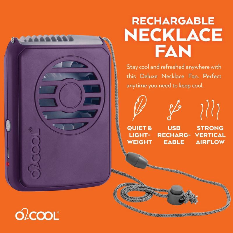 O2COOL Rechargeable Deluxe Necklace Fan with USB Cord Purple, 2 of 8