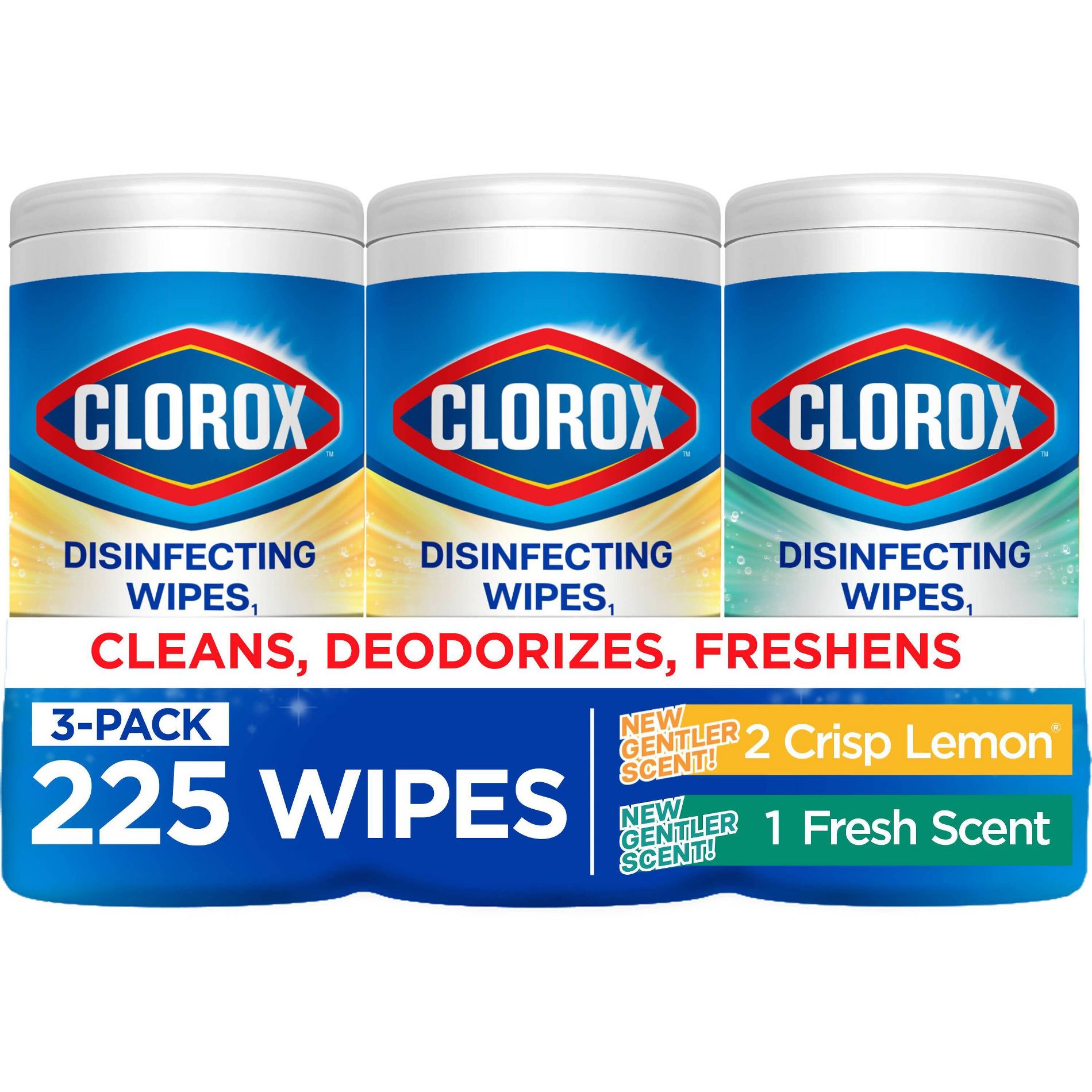 Clorox Lemon & Fresh Cleaning & Disinfecting Wipes Value Pack - 225ct/3pk: Ammonia-Free, Multipurpose Dispenser, Plastic Canister