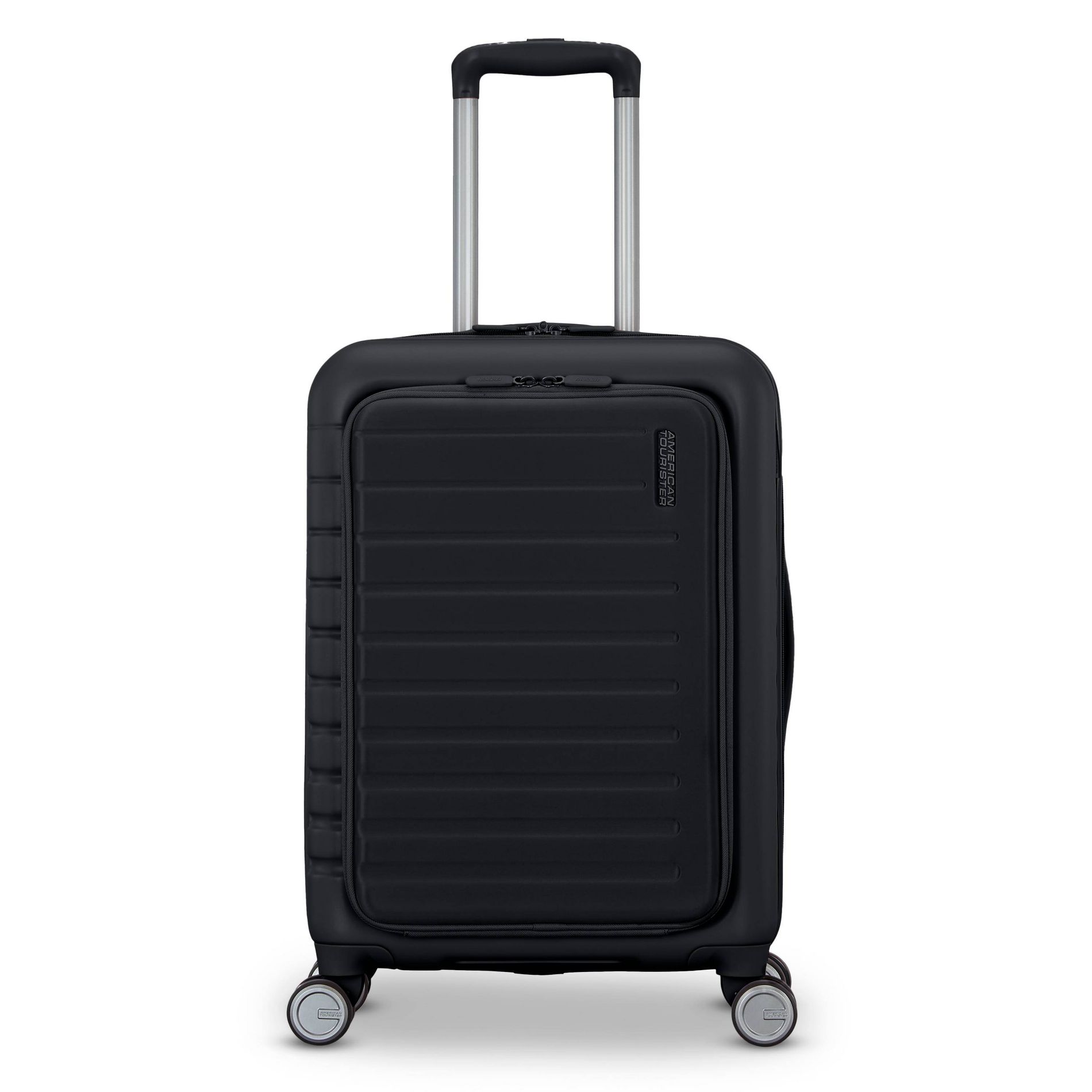 American Tourister Open Front Hardside Carry On Spinner Suitcase - Black: Metal Handle, Solid Pattern